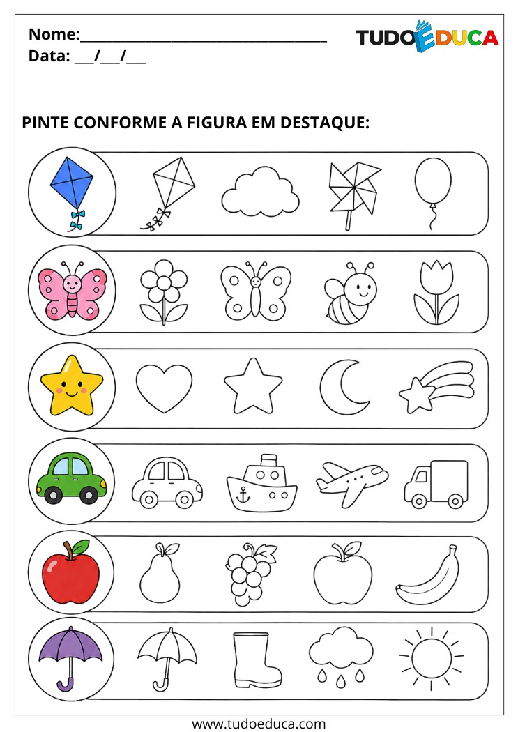 Atividade para Autismo pinte apenas a figura igual