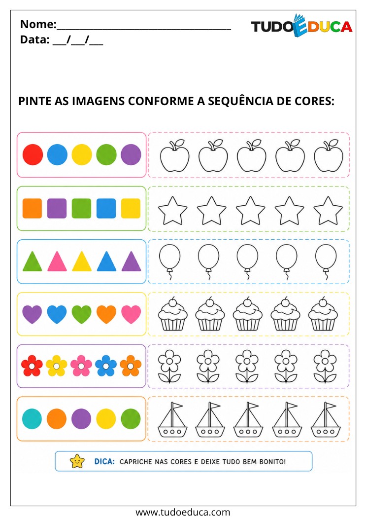 Atividade para Autismo pinte as imagens conforme a sequência