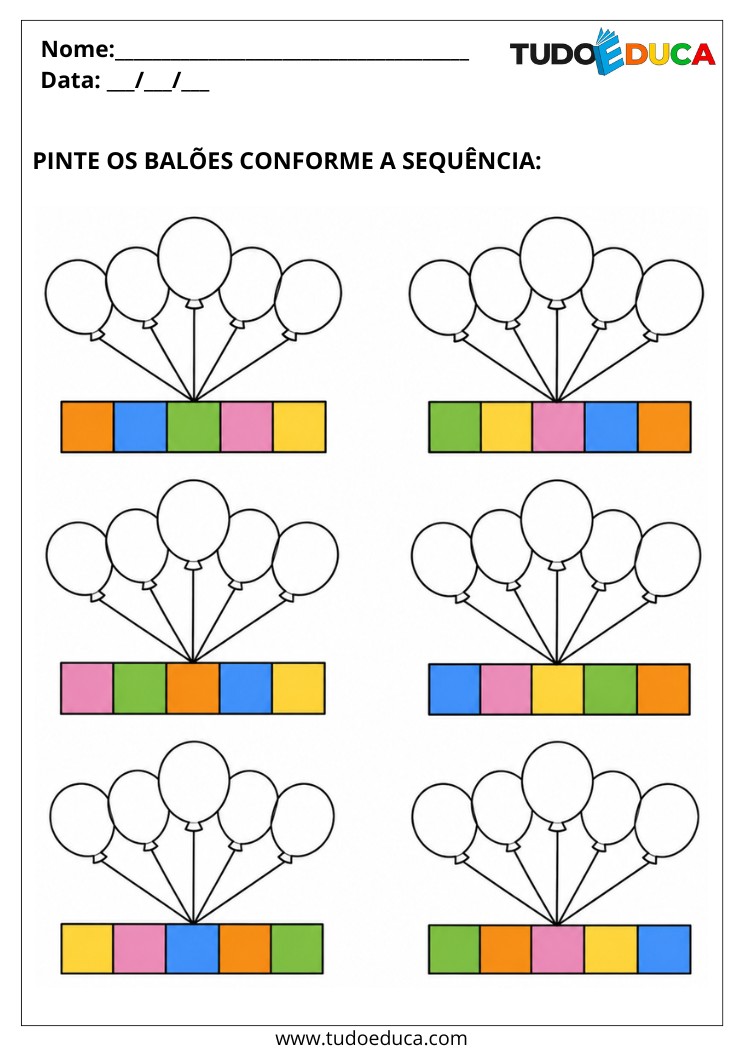 Atividade para Autismo pinte os balões conforme a sequência