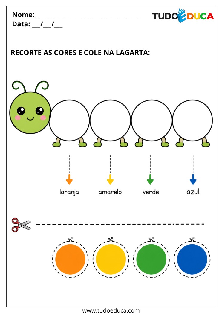 Atividade para Autismo recorte e cole as cores na lagarta