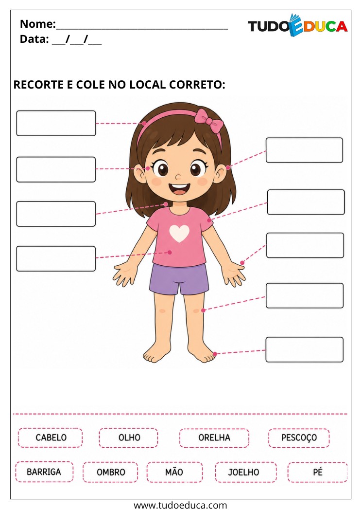 Atividade para Autismo recorte e cole as partes do corpo da menina