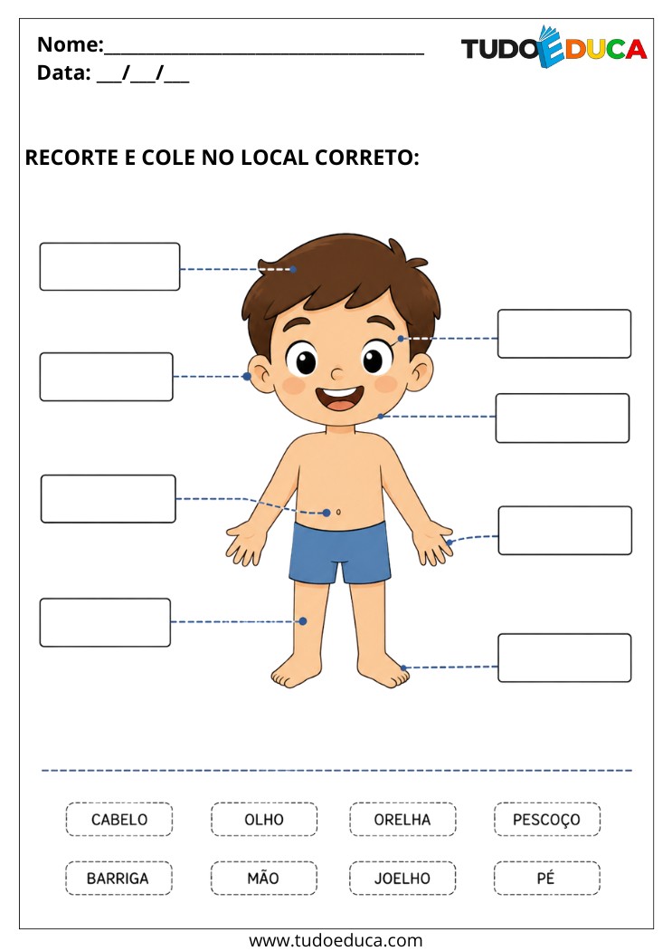 Atividade para Autismo recorte e cole as partes do corpo do menino