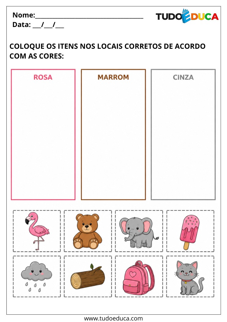 Atividade para Autismo recorte e cole na cor correspondente