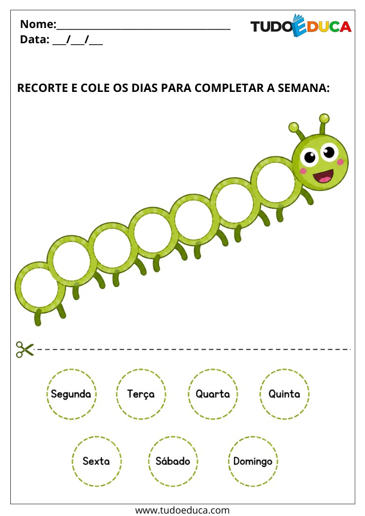 Atividade para Autismo recorte e cole os dias da semana na lagarta