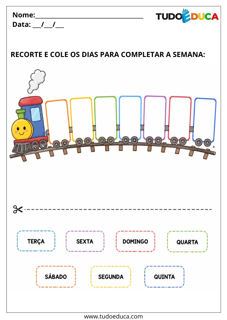 Atividade para Autismo recorte e cole os dias da semana no trem
