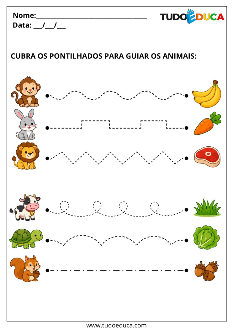 Atividade para Autismo siga os tracejados até as comidas