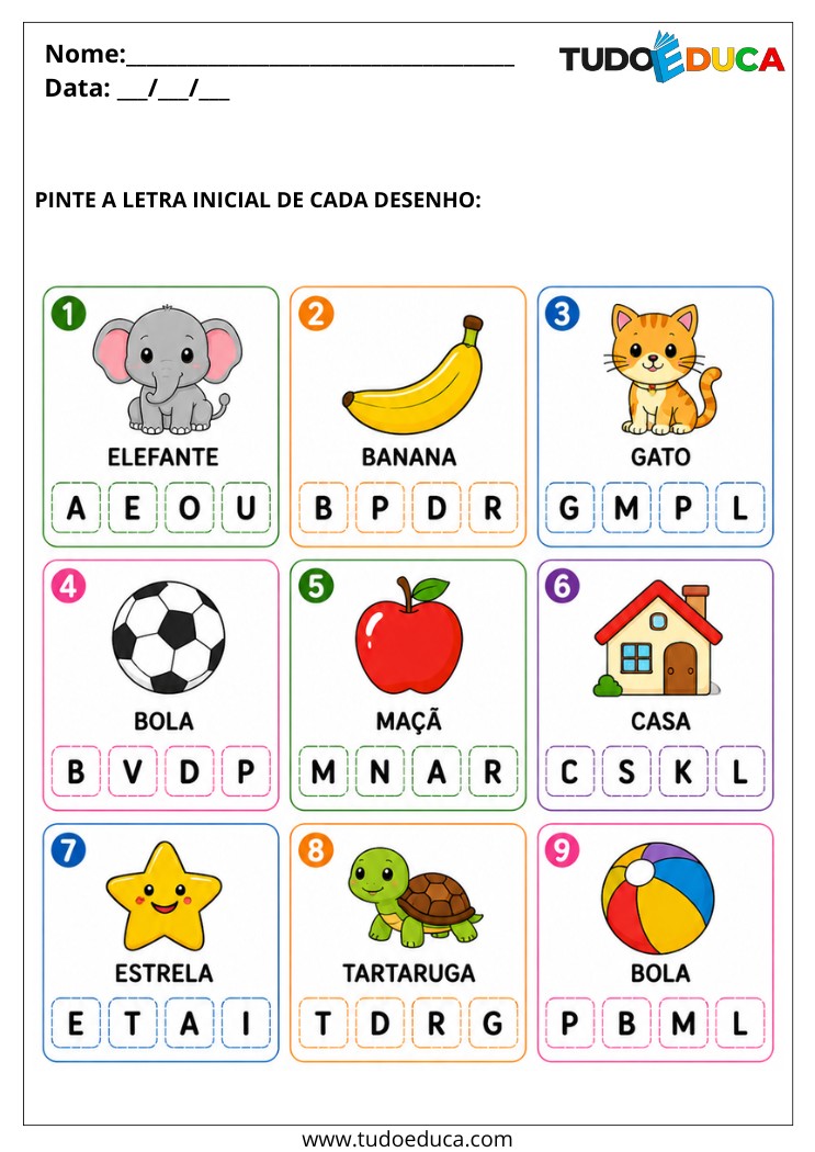Atividade para Educação Especial pinte a letra inicial de cada figura