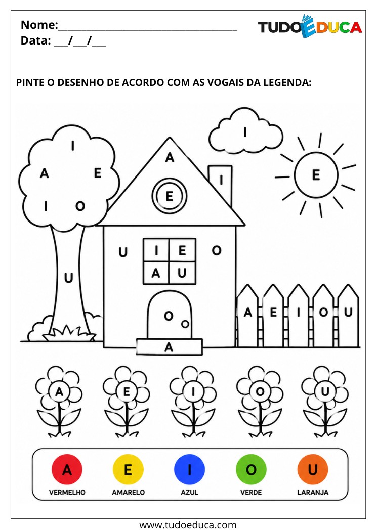 Atividade para Educação Especial pinte de acordo com as vogais na legenda