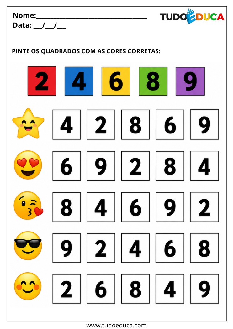 Atividade para Educação Especial pinte os números conforme a legenda