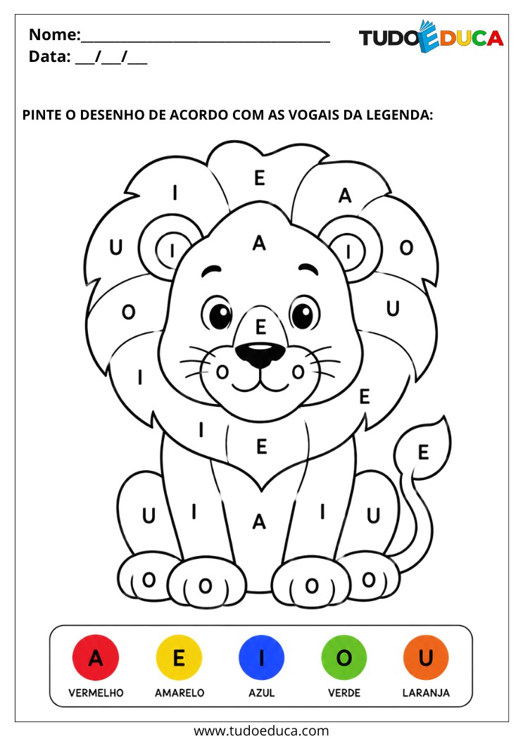 Atividade para Educação Especial pinte o leão com as vogais da legenda