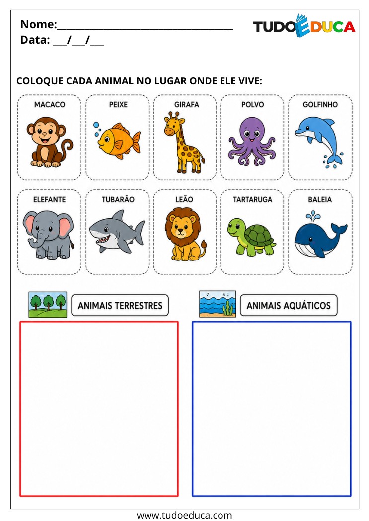 Atividade para Educação Especial separe os animais