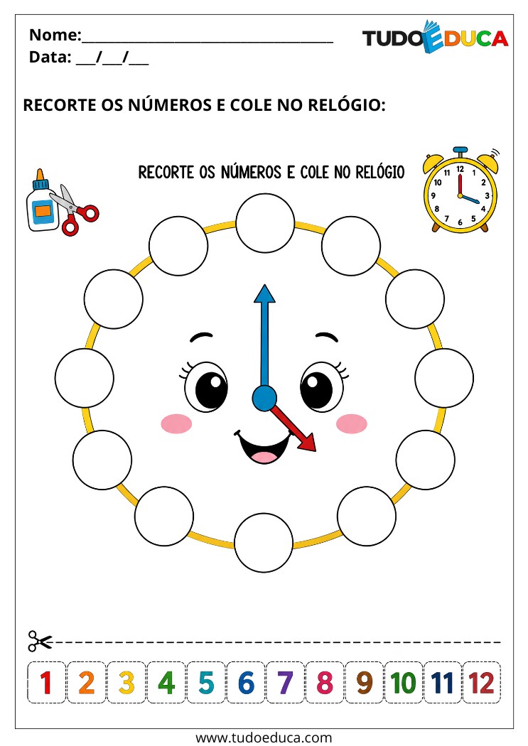 Atividade para deficiência intelectual cole os números para montar o relógio