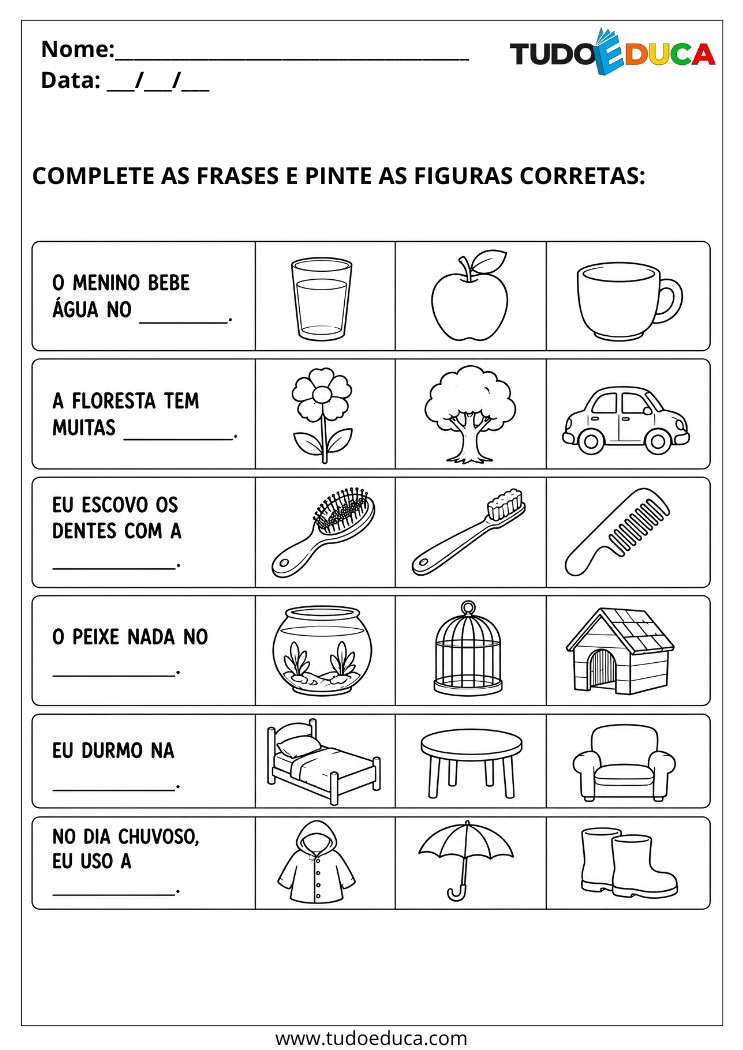 Atividade para deficiência intelectual complete as frases com a figura correta