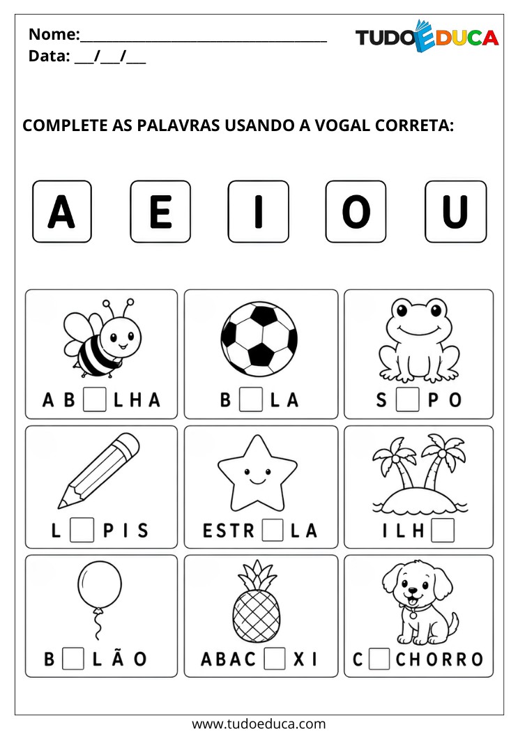 Atividade para deficiência intelectual complete as palavras com as vogais