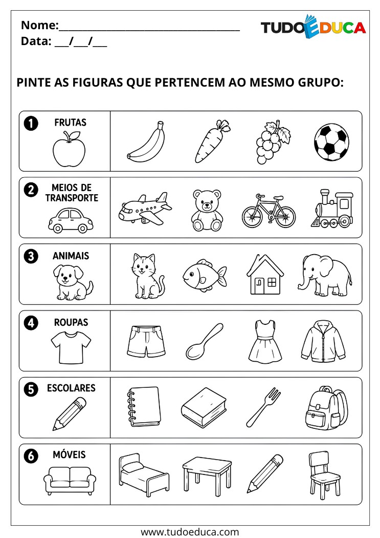 Atividade pinte as figuras do mesmo grupo para deficiência intelectual
