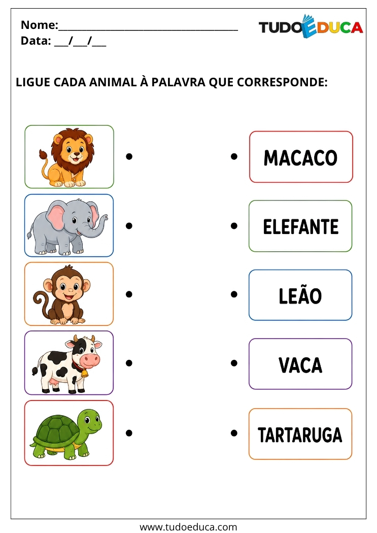Atividade Adaptada com nomes dos animais para Autismo para Imprimir