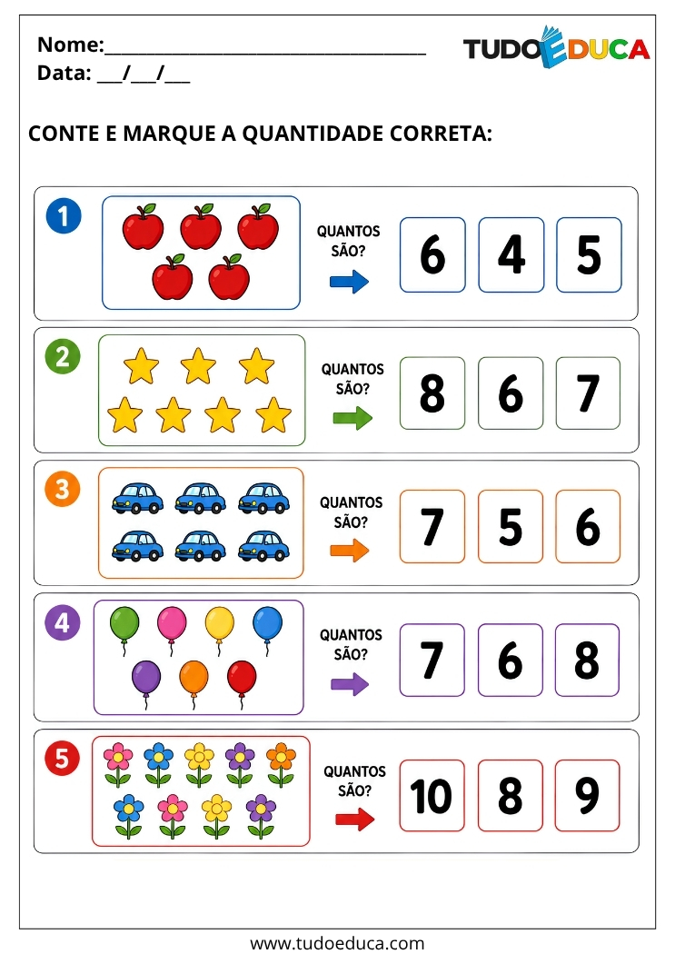 Atividade Adaptada de contagem para Autismo para Imprimir