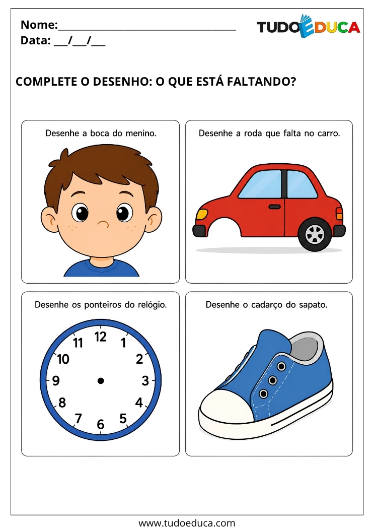 Atividade Adaptada para Autismo complete o que falta nas imagens