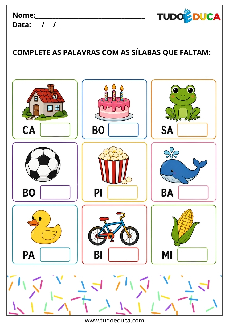 Atividade Inclusiva complete as sílabas para Imprimir