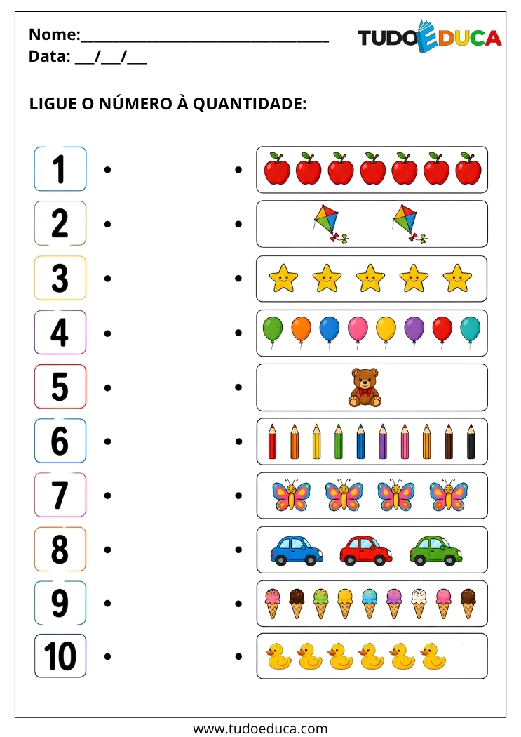 Atividade Inclusiva ligue os numeros nas quantidades para Imprimir