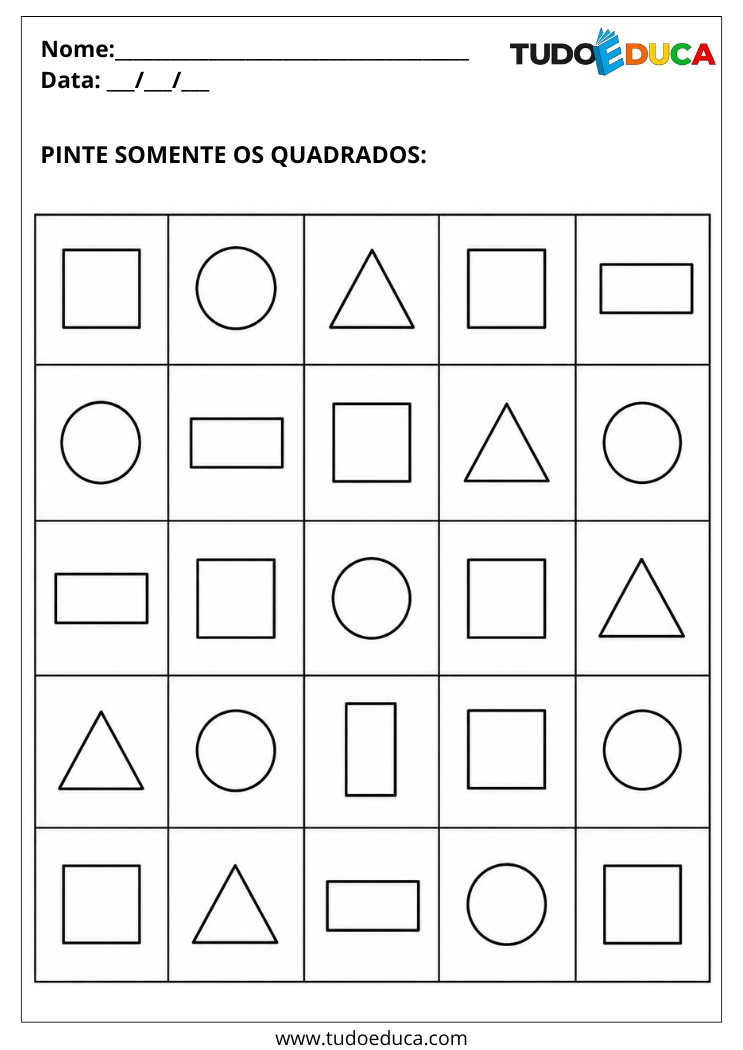 Atividade com Formas Geométricas pinte os quadrados para Autista