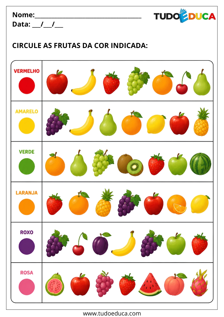 Atividade com Frutas e Cores circule as frutas na cor indicada para Autista