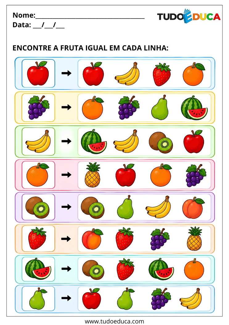 Atividade com Frutas e Cores para Autista encontre a fruta igual