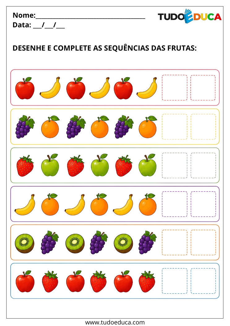 Atividade complete a sequencia de Frutas e Cores para Autista