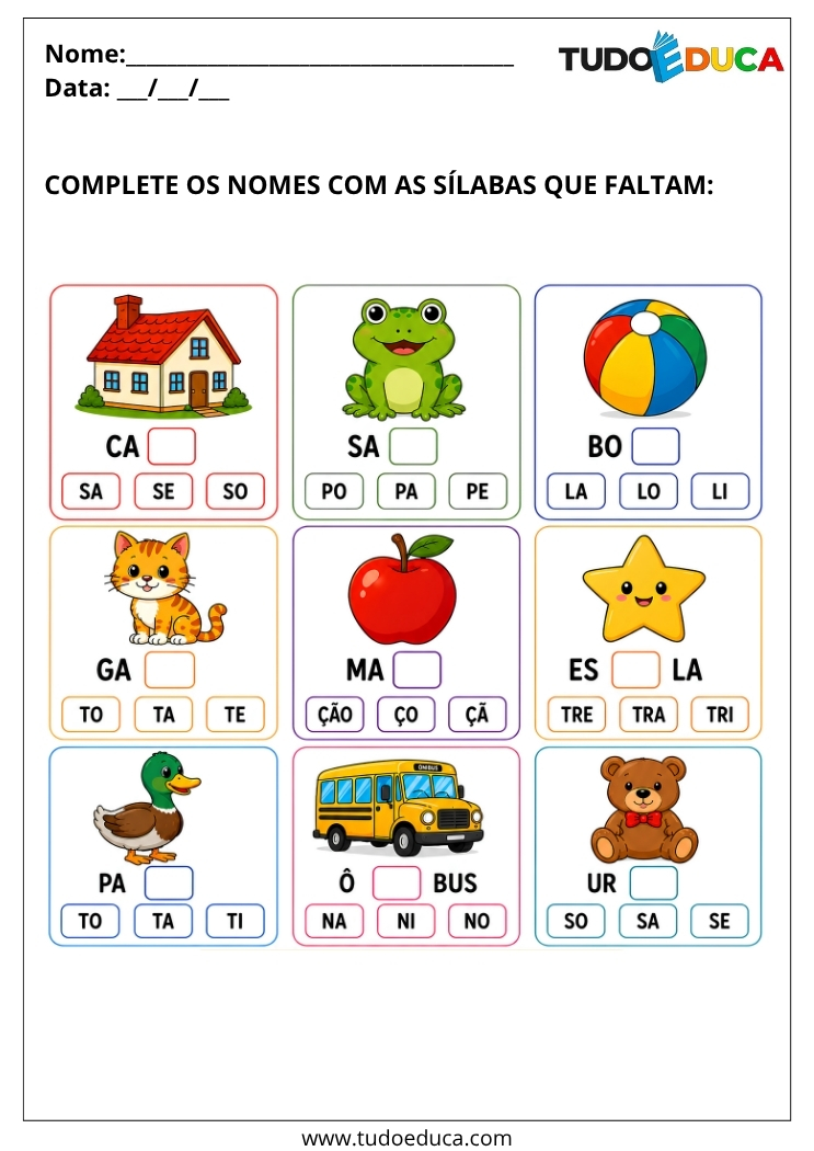 Atividade complete as palavras para Sala de Recursos Multifuncionais