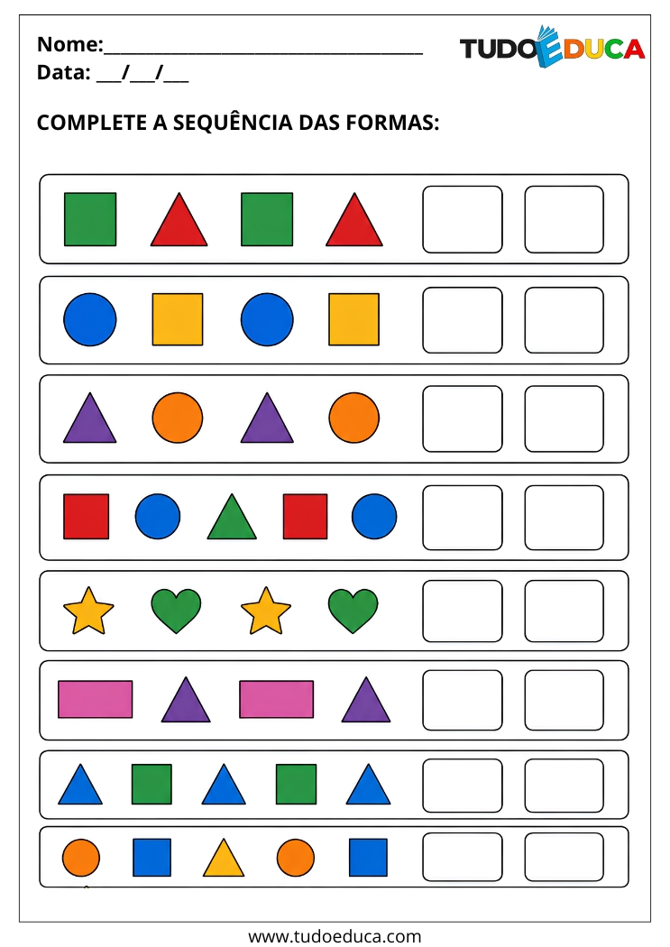 Atividade complete as sequencias de Formas Geométricas para Autista