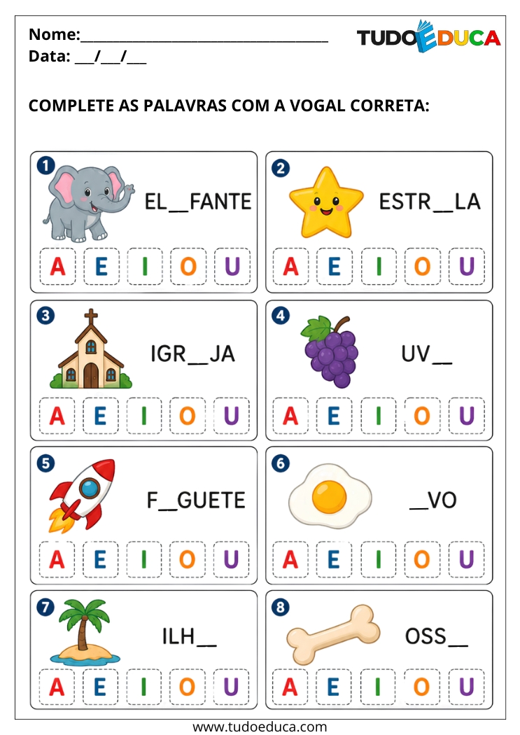 Atividade complete com a vogal para Síndrome de Down
