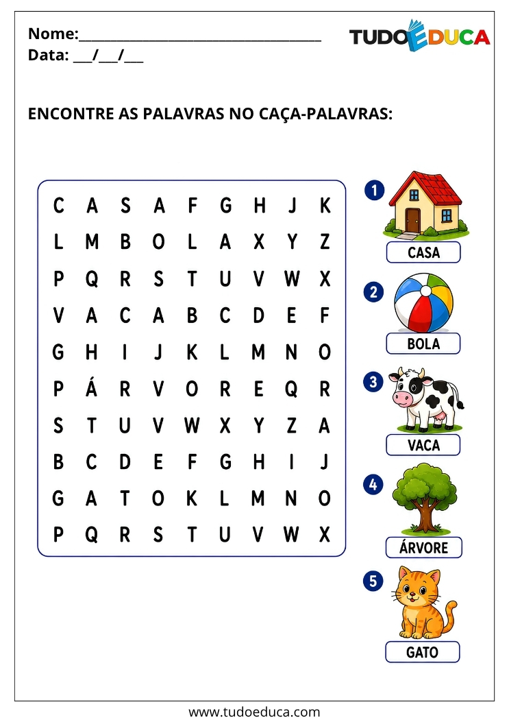 Atividade de Alfabetização caça palavras para o 1º Ano