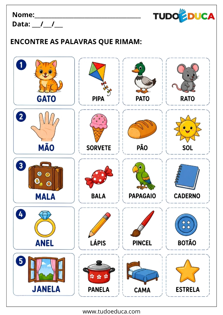 Atividade de Alfabetização com rimas para o 1º Ano