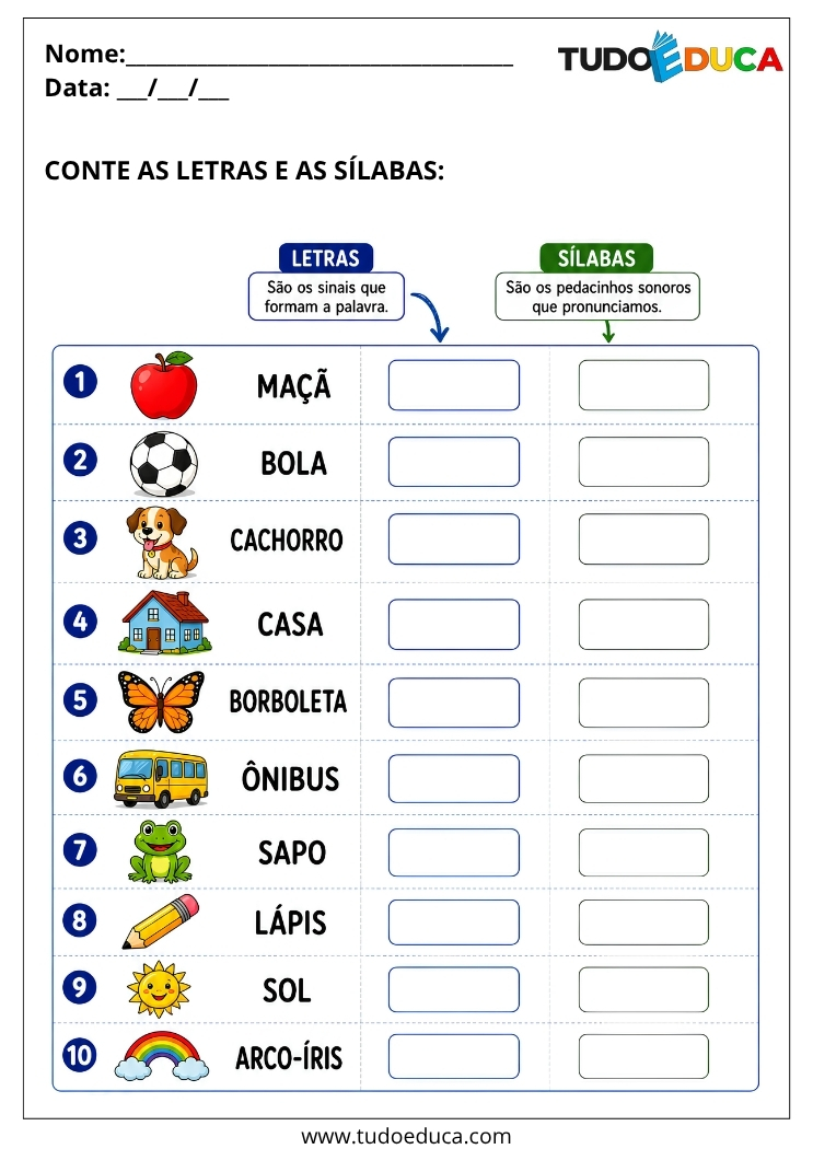 Atividade de Alfabetização conte letras e silabas para o 1º Ano