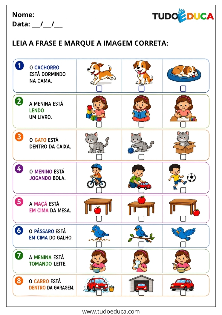 Atividade de Alfabetização leia e marque corretamente para o 1º Ano