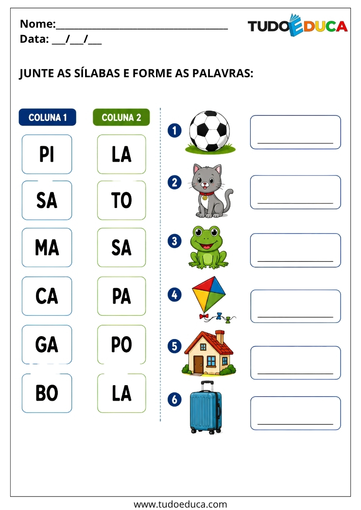 Atividade de Alfabetização ligue as sílabas para o 1º Ano
