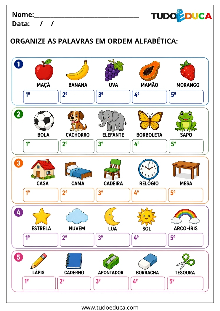 Atividade de Alfabetização ordem alfabetica para o 1º Ano