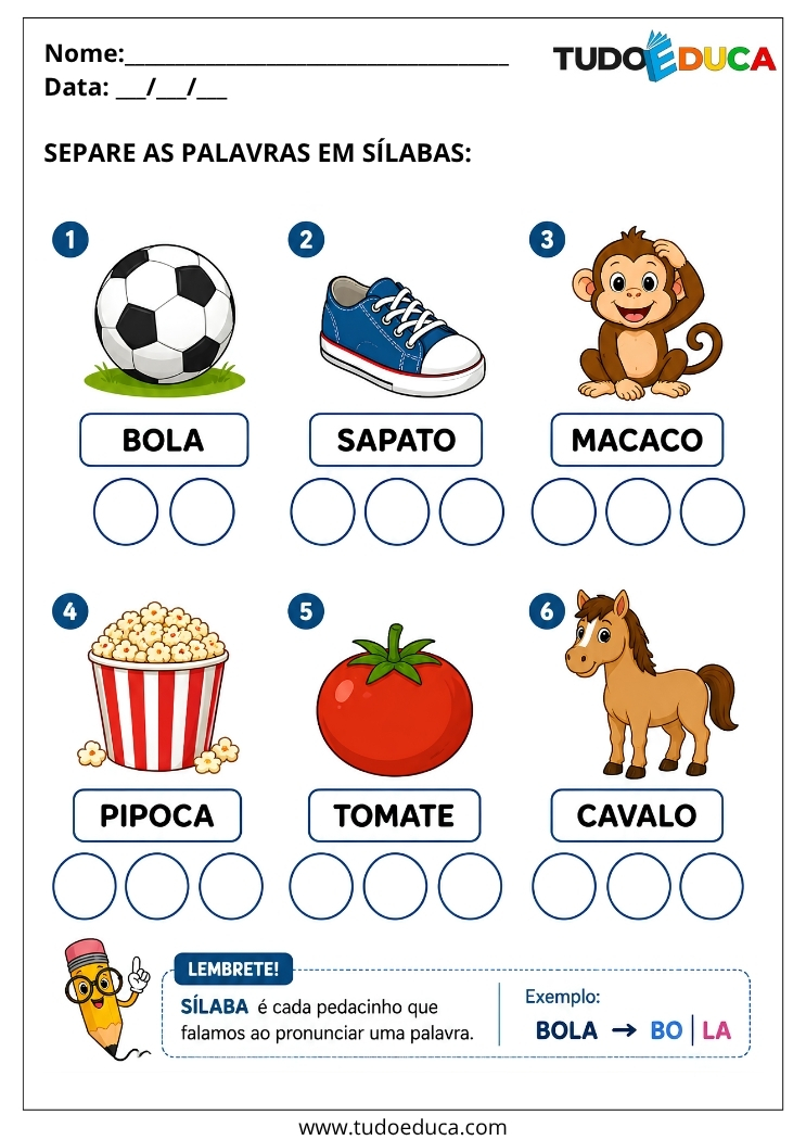 Atividade de Alfabetização separe as sílabas para o 1º Ano