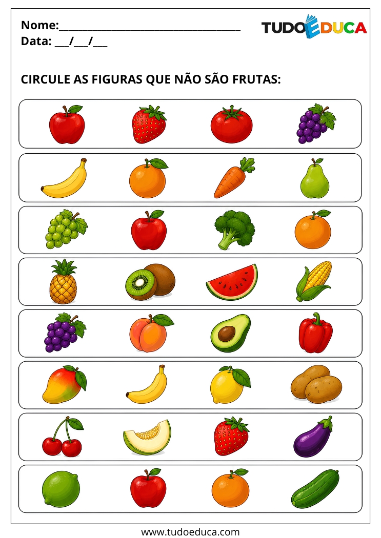 Atividade marque as figuras que não são frutas para Autista