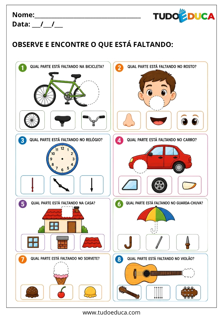 Atividade o que falta nas figuras para Sala de Recursos Multifuncionais