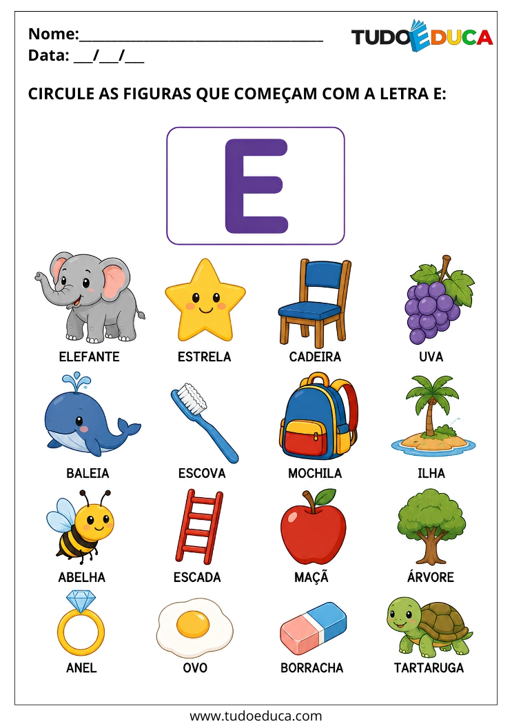 Atividade para AEE para Imprimir circule figuras com a letra E