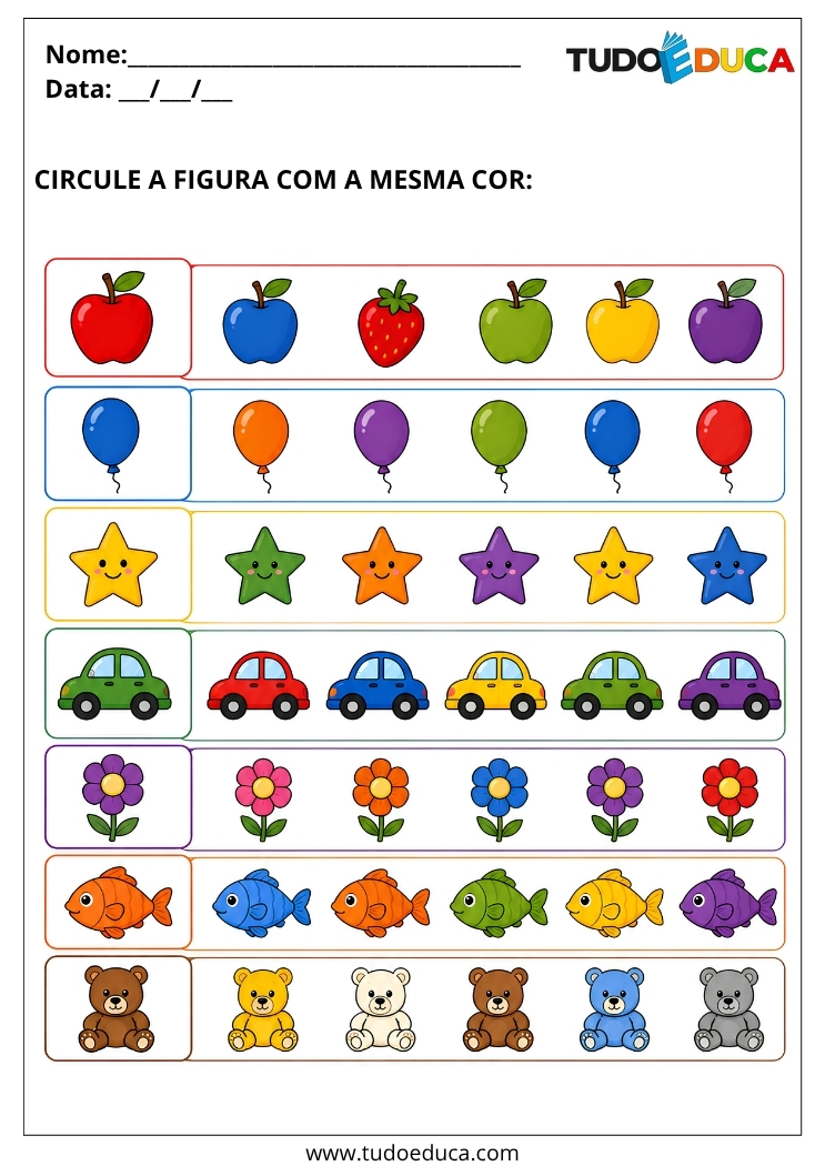 Atividade para Autismo circule as figuras de mesma cor para Imprimir