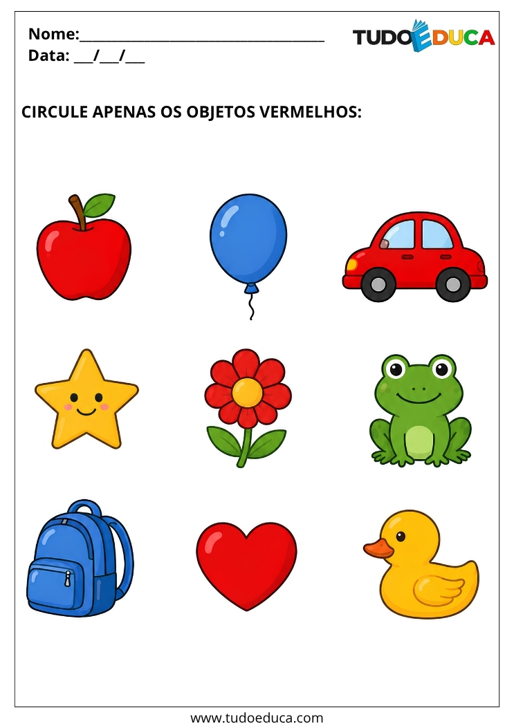 Atividade para Autismo com Cores circule os vermelhos para Imprimir