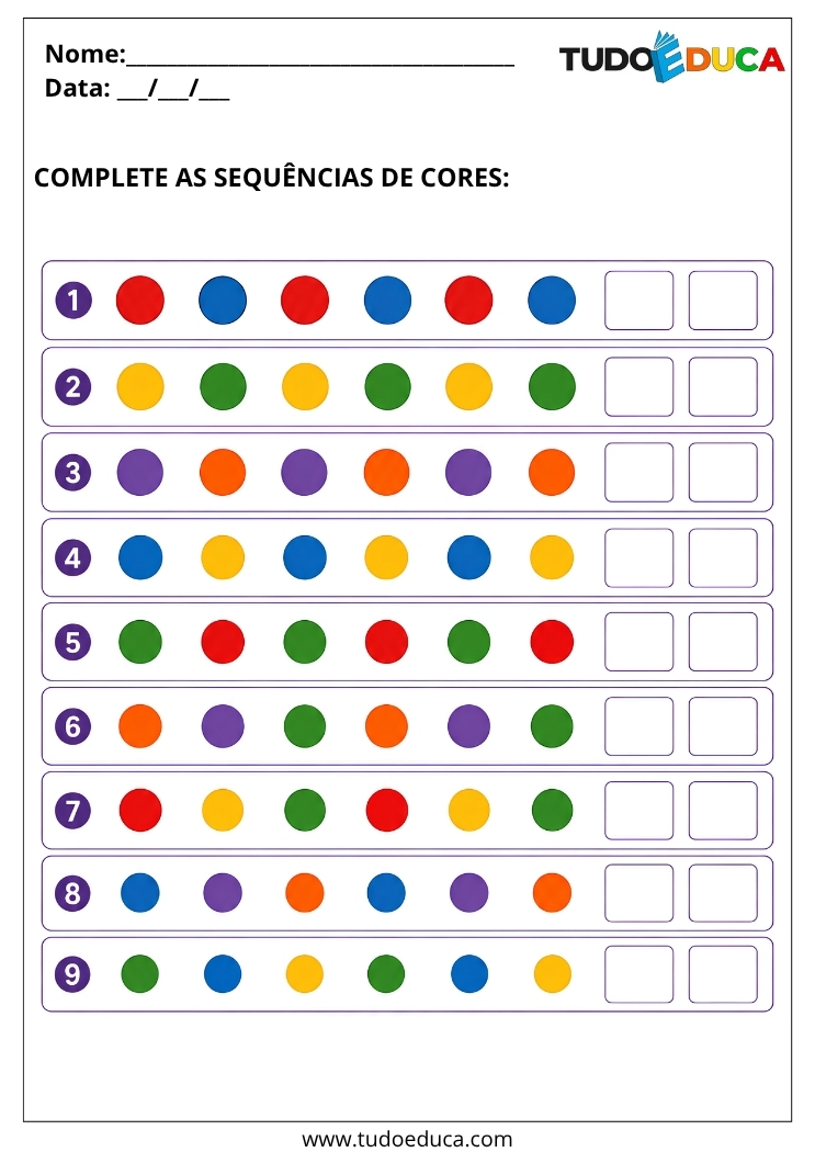 Atividade para Autismo complete as sequencias de Cores