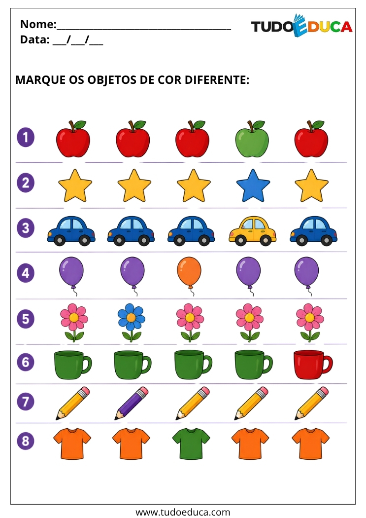 Atividade para Autismo marque os objetos de Cores diferentes para Imprimir