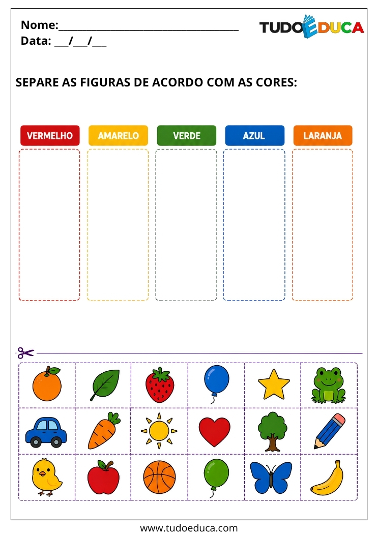 Atividade para Autismo separe as figuras de acordo com a cor