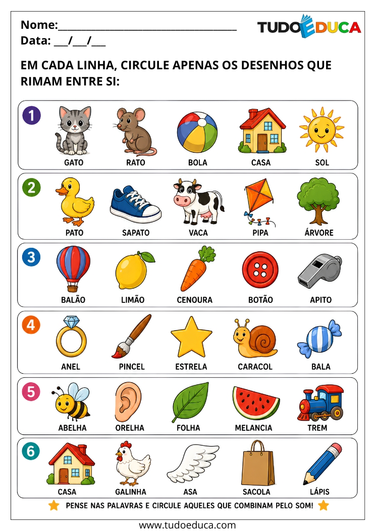Atividade para Síndrome de Down circule os desenhos que rimam