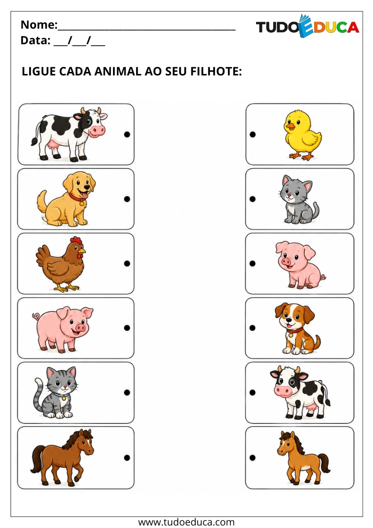 Atividade para Síndrome de Down ligue os animais aos filhotes