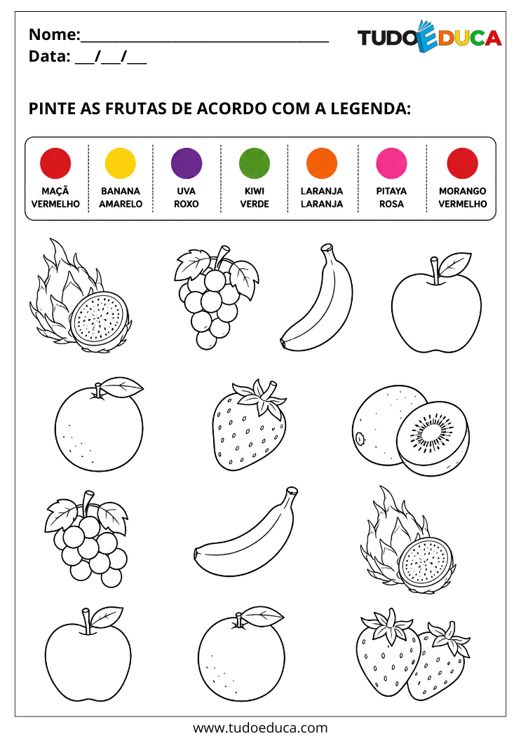 Atividade pinte as Frutas nas Cores da legenda para imprimir