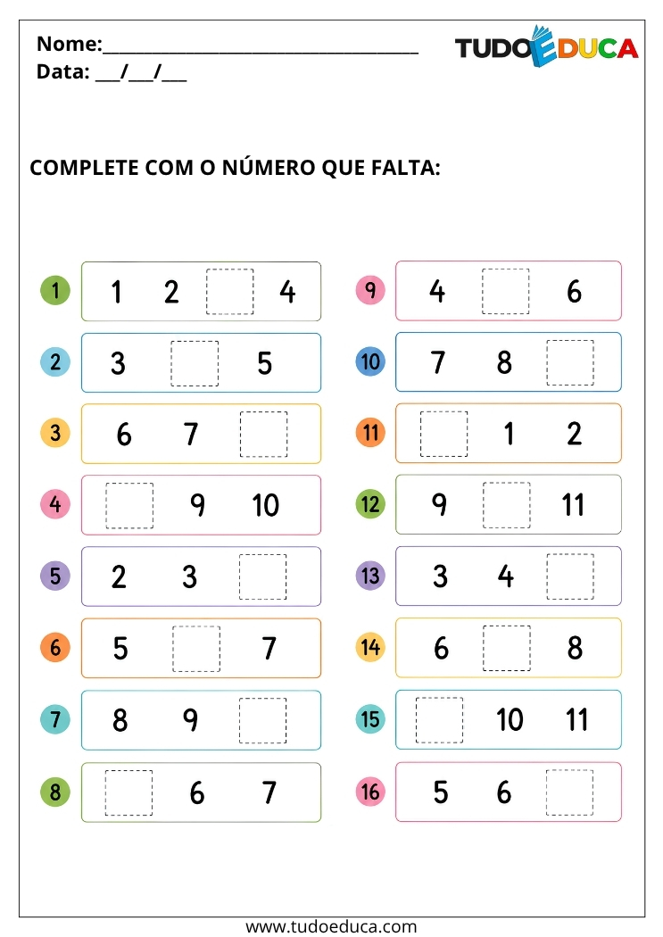 Atividade complete a Sequência Numérica para Deficiência Intelectual
